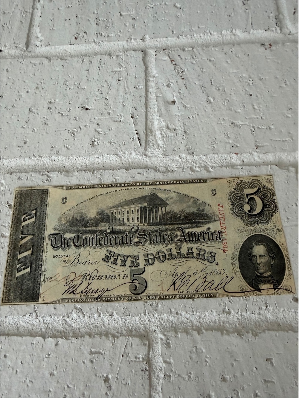 Confederate States of America Five Dollar Bill Replica